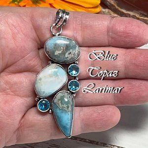 Blue Topaz Caribbean Larimar Pendant Gemstone Handmade Statement 925 Silver New!